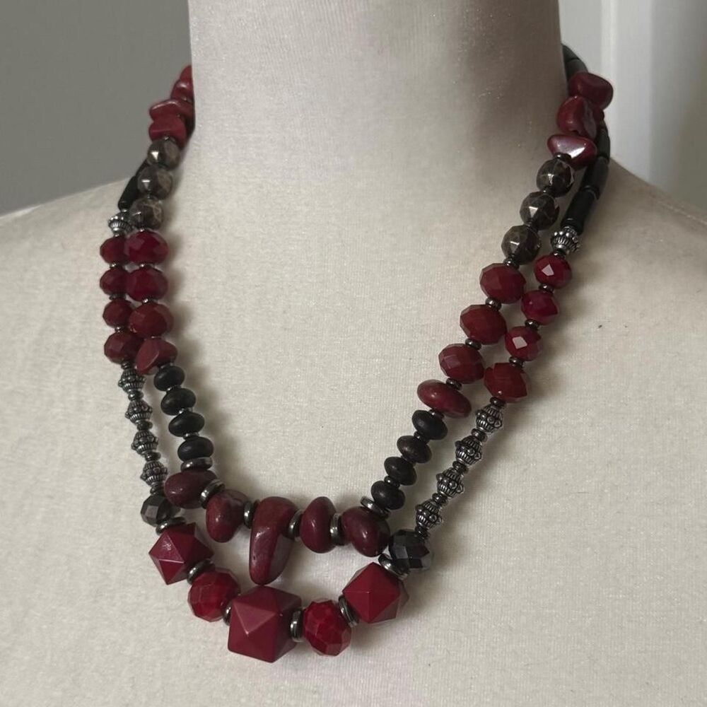 Layered Black & Red Beaded Necklace